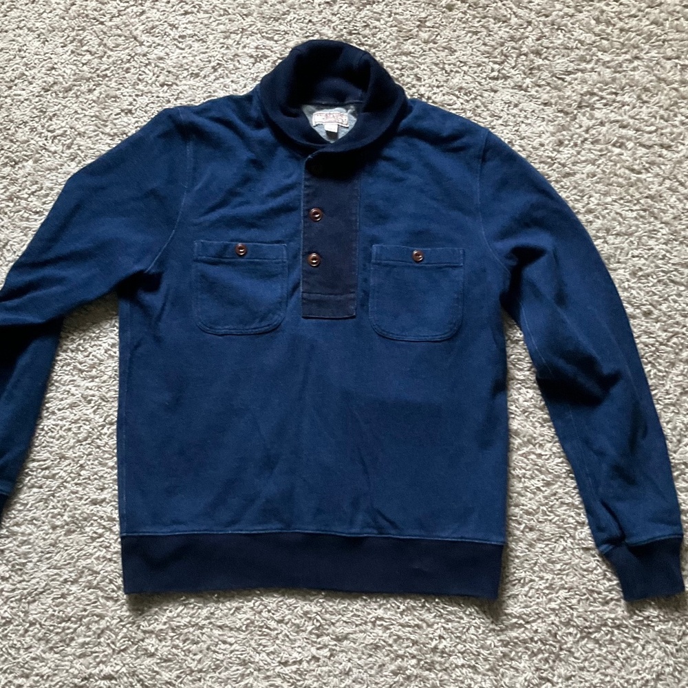 JCREW WALLACE & BARNES MENS SHAWL COLLAR COTTON SWEATER PULLOWER. SIZE M. BLUE.